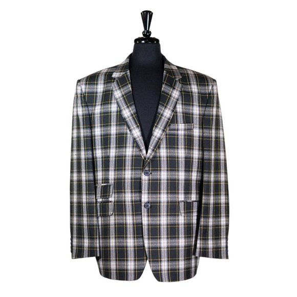 Mens Blazer Green Blue Yellow Plaid Check Formal Wool Suit Jacket Sport Coat 48R - Picture 1 of 8